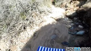 A girl with big natural tits fucks with a guy in nature