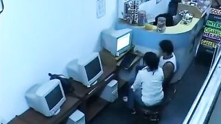 A guy almost fucks with girl in the internet cafe webcam show