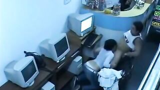 A guy almost fucks with girl in the internet cafe webcam show