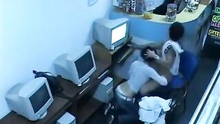 A guy almost fucks with girl in the internet cafe webcam show
