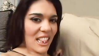 A hot brunette has sex with two guys under her skirt