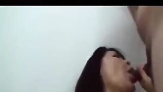 A mature Japanese man plays with his cock and fucks it in his hairy pussy
