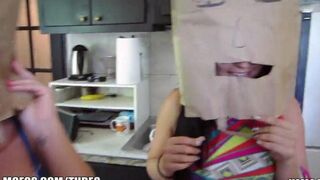 The girls wear on their heads shopping bags and have sex with guys