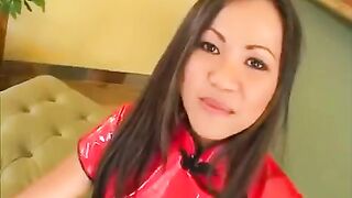 The pretty Korean girl makes a blowjob for two guys in an intense scene