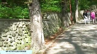 Girl with big boobs walks around the city and shows them to everyone