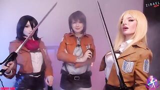 Cosplay lesbian threesome with Mikasa, Sasha, and Historia