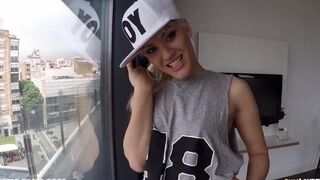 The blond girl was caught by a car on the road and had anal sex
