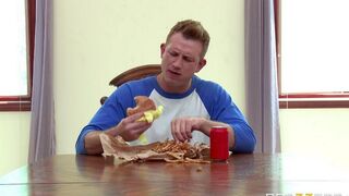 A wife has sex with a cucumber while her husband watched