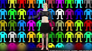 A blonde is dancing naked in front of a lot of guys who are all excited