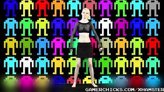 A blonde is dancing naked in front of a lot of guys who are all excited