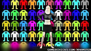 A blonde is dancing naked in front of a lot of guys who are all excited