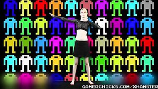 A blonde is dancing naked in front of a lot of guys who are all excited