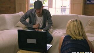 The depraved blonde woman fucked on the couch by her daughter's boyfriend