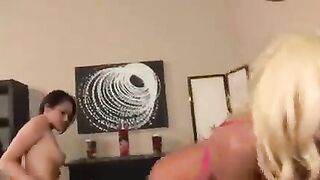 Skirted lesbians enjoy grinding each other with toys