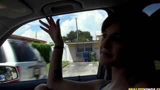 Skinny brunette picks up a guy and gets fucked in his car