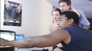 The actress was fucked by listening to two guys getting her pussy pounded