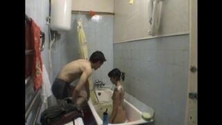 A girl has sex with her brother in the bathroom, hidden camera recording