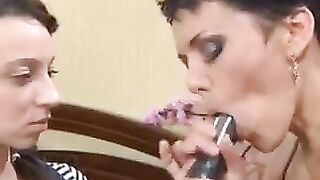 A mother teaches her Russian daughter to perform a blowjob using a strapon