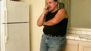 An aged woman happily swallows sperm from a young man