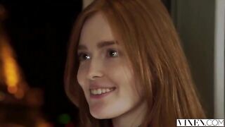 The man thoroughly licked the red hair of a passionate woman