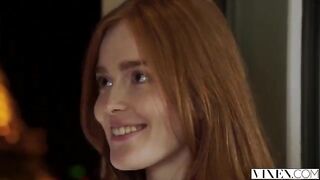 The man thoroughly licked the red hair of a passionate woman