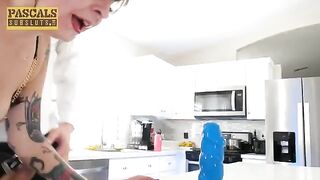 The pussy is caressed while jumping on the bumps