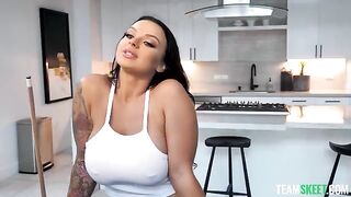 Shooting balls for big boob pictures with a brunette beauty