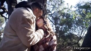 Babe in threesome sex with two guys, all in action