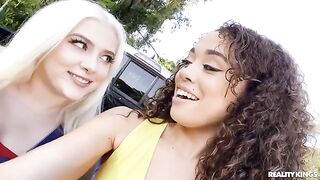 Two college girls shared QB's big black cock