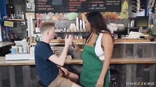 Big tits barista serves coffee and more to customers