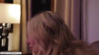 Busty blonde Kayley Gunner gets her stockings pulled off by a fan