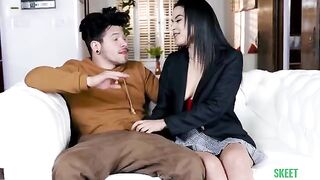 Girl in a skirt seduces and fucks her neighbour, giving him a handjob
