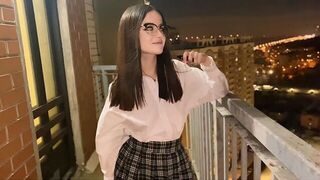 A hot chick is fucking with a view of the city