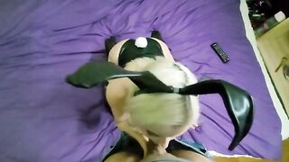 A cute girl in a bunny costume sucks cock and balls