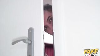 A girl is fucked by two guys in the common area
