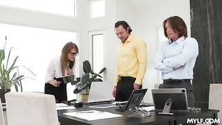 A woman with a sexy ass has sex with two guys in stockings and glasses