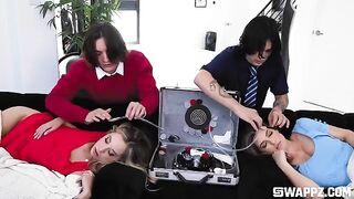 The depraved woman with a shaved pussy has group sex on the couch