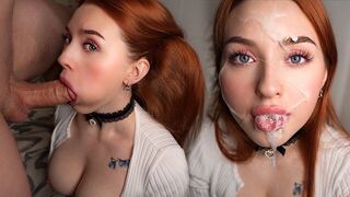 A red-haired girl skillfully handled a dick and swallowed the cum