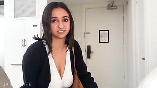 A busty coworker says NO to CONDOM during a business trip hookup