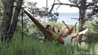 A girl gets a tan in the crotch from her girlfriend