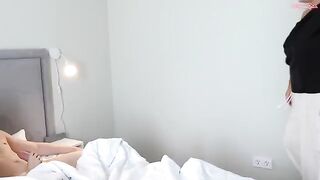 A cute 18-year-old girl bounces on a big mom’s bed, sparking an unexpected threesome