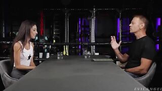 Two guys fucked mouth and pussy of brunette beauty in an intense session