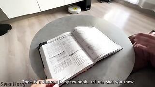 A cute girl is having a private lesson with her tutor at home