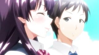 A schoolgirl is having sex with her boyfriend outside under the higanbana flowers