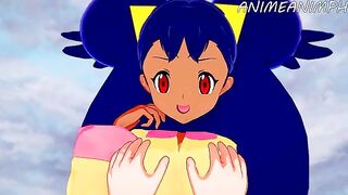 Iris, the Pokémon trainer, gets her pussy filled with cum in a hentai scene