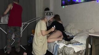 Two guys fucked a girl with narrow vagina in college party