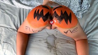 A sexy slut is getting fucked hard by her boyfriend on a pumpkin
