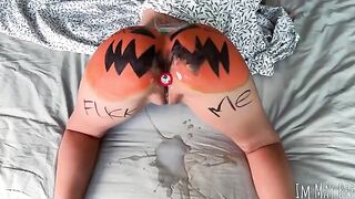 A sexy slut is getting fucked hard by her boyfriend on a pumpkin