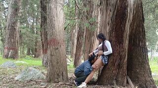 A pretty woman has sex with a forest hermit in a steamy encounter