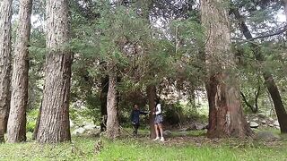 A pretty woman has sex with a forest hermit in a steamy encounter